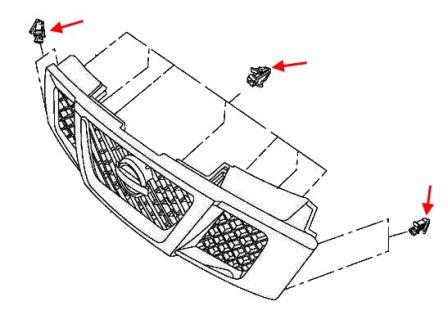 scheme of fastening of the radiator grille of the Nissan Armada I (2003-2016)